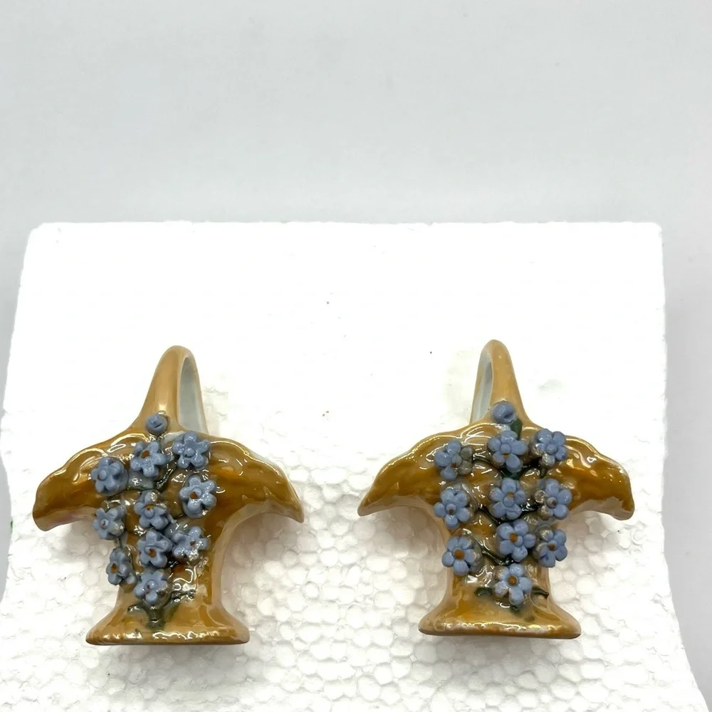 2 Vintage Elfinware Miniature Basket with Blue Flowers Made in Germany